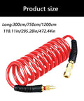 Top Shelf Recoil Air Compressor Hose Featuring Heavy Duty Pu Spring Design For Snappy Self Retracting Action, measuring 300cm in bright red.