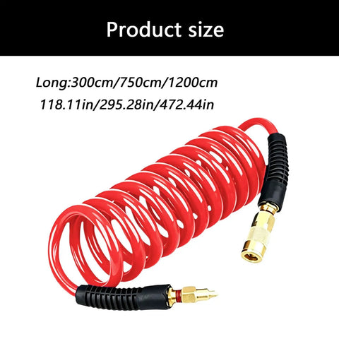 Top Shelf Recoil Air Compressor Hose Featuring Heavy Duty Pu Spring Design For Snappy Self Retracting Action, measuring 300cm in bright red.