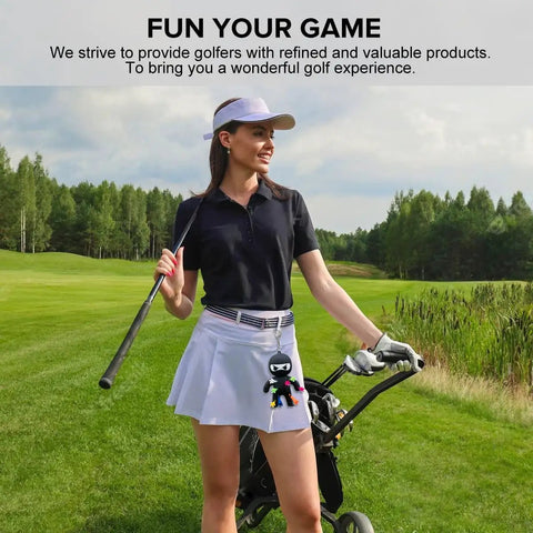 Woman golfer with a Ninja Golf Tee Holder Keychain Portable Tee Organizer For Golf Bags Includes 10 Colorful Tees on the belt.