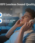 Person enjoying music with headphones, highlighting features of 144GB Bluetooth MP3 Player With HiFi Sound Built In Speaker FM Radio Voice Recorder Earphones Included Portable Digital Music Player For Friends And Fam Kids Students Seniors Black.