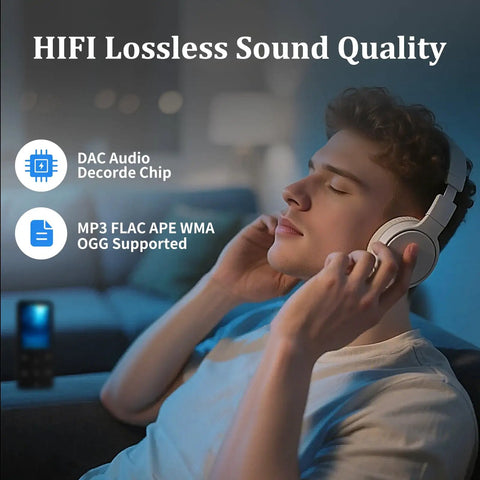 Person enjoying music with headphones, highlighting features of 144GB Bluetooth MP3 Player With HiFi Sound Built In Speaker FM Radio Voice Recorder Earphones Included Portable Digital Music Player For Friends And Fam Kids Students Seniors Black.