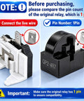 4.7 Ohm One Pin Refrigerator Starter Relay Kit With Overload Protector One Half HP For Danby Vissani Refrigerators, close-up view of relay pins.