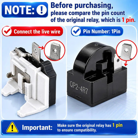 4.7 Ohm One Pin Refrigerator Starter Relay Kit With Overload Protector One Half HP For Danby Vissani Refrigerators, close-up view of relay pins.
