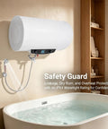 Rock Solid Seventy Liters Electric Tank Water Heater Kick Some Serious Heat With Wall Mount Bracket, displayed above a bathtub.