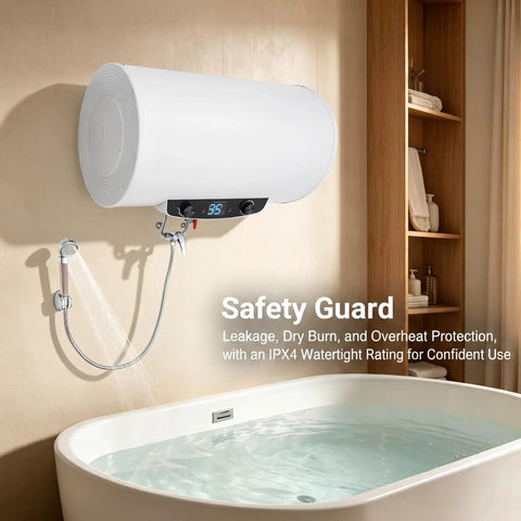 Rock Solid Seventy Liters Electric Tank Water Heater Kick Some Serious Heat With Wall Mount Bracket, displayed above a bathtub.
