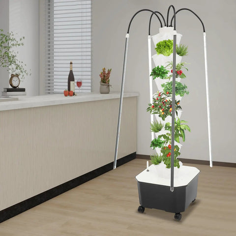 40 Pod Smart Indoor Hydroponic Garden Tower With Full Spectrum LED Grow Light And Recirculating Water System in kitchen