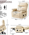 This Dual Motor Electric Lift Chair For Seniors Boasts Infinite Position Reclining With A Lay Flat Design, Premium Leather Upholstery, Lumbar Heating, Full Body Massage, USB C Ports, And A Foldable Tray Table For Maximum Chill Vibes dimensions infographic with measurements.