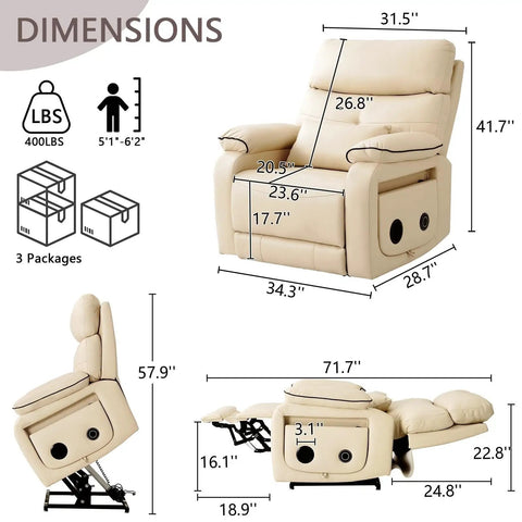 This Dual Motor Electric Lift Chair For Seniors Boasts Infinite Position Reclining With A Lay Flat Design, Premium Leather Upholstery, Lumbar Heating, Full Body Massage, USB C Ports, And A Foldable Tray Table For Maximum Chill Vibes dimensions infographic with measurements.