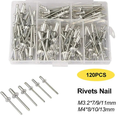 120-piece blind rivet assortment in a transparent case, part of the Heavy Duty Riveter Set With Pop Rivet Gun And 120 Piece Blind Rivets Assortment For Metal DIY Projects Pro Grade For Automotive And Home Improvement And Industrial Fastening In Indoor Or Outdoor Use.