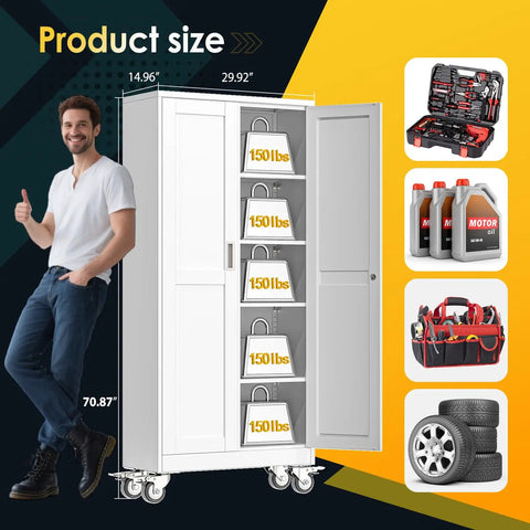 71 Inch Tall Metal Garage Storage Cabinet On Wheels With Two Doors And Four Adjustable Shelves Built Tough For Home Office Garage Or Warehouse Use White showing interior storage capacity and size comparison with a person.