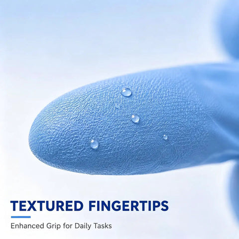 Image of textured fingertip of Badass Heavy Duty Nitrile Gloves Box Of Two Hundred Powder Free Latex Free, ideal for enhanced grip.