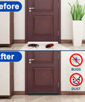 Before and after image showing Knockout Adjustable Under Door Draft Stopper blocking bugs and dust gaps under a door.