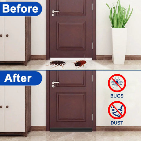 Before and after image showing Knockout Adjustable Under Door Draft Stopper blocking bugs and dust gaps under a door.