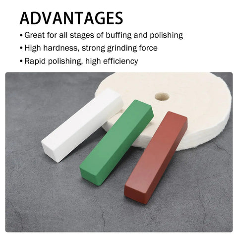 Three Pack All In One Buffing Polishing Compounds Kit With Green Fine White Medium Red Coarse 12 Oz Each shown on table