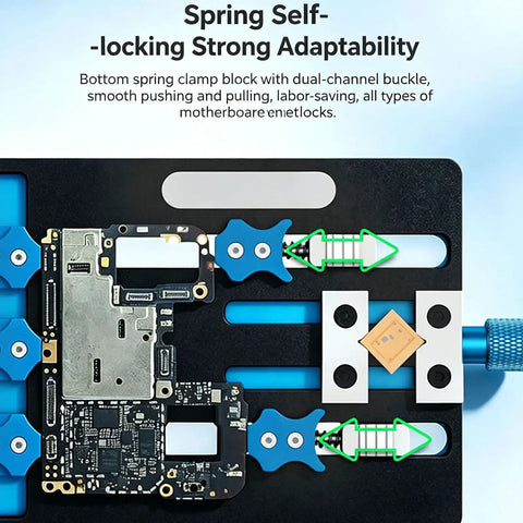 Grab And Go Adjustable Jaw Clamp Fixture For Motherboards And PCBs, aluminum alloy construction, holding mobile circuit board.