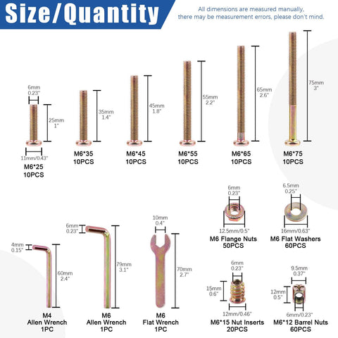 253 Piece M6 Hex Socket Cap Screws Hardware Kit For Baby Cribs And Furniture Includes Nuts, Washers, Barrel Nuts, And M4 and M6 Wrenches With Multiple Length Bolts From 25 To 75mm