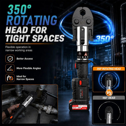 18V Brushless Portable Copper Pipe Crimping Press Tool With Batteries Charger with 350° rotating head for tight spaces.