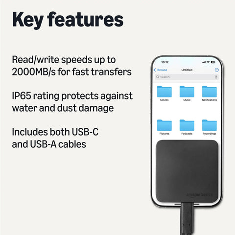 Key features of Beastly Fast 1TB Portable External SSD With Up To 2000MBps Read and Write Speeds USB 3.2 Gen 2 showcased on screen