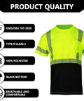 Men High Visibility Safety Tee Featuring Heat Bonded Reflective Strips Short Sleeve Work Shirt Lightweight Breathable Polyester With Chest Pocket Built Tough For Daily Grinds in neon yellow with reflective stripes and black bottom.