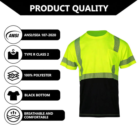 Men High Visibility Safety Tee Featuring Heat Bonded Reflective Strips Short Sleeve Work Shirt Lightweight Breathable Polyester With Chest Pocket Built Tough For Daily Grinds in neon yellow with reflective stripes and black bottom.