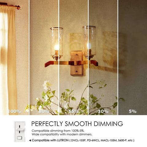 Cozy Warm Glow LED Filament Candle Bulbs, E26 Candelabra Base, Dimming from 5% to 100% in wall sconce demonstration