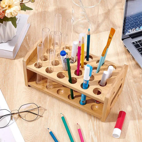 Wooden 24-Hole Bamboo Test Tube Rack Rectangle Lab Organizer For 20mm Diameter Tubes on a desk