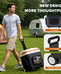 32 Quart Electric Car Cooler Warmer With Smooth Rolling Wheels keeps drinks cold, features a pull handle and flexible wheels for easy transport.