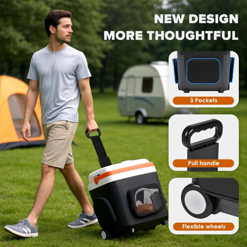 32 Quart Electric Car Cooler Warmer With Smooth Rolling Wheels keeps drinks cold, features a pull handle and flexible wheels for easy transport.