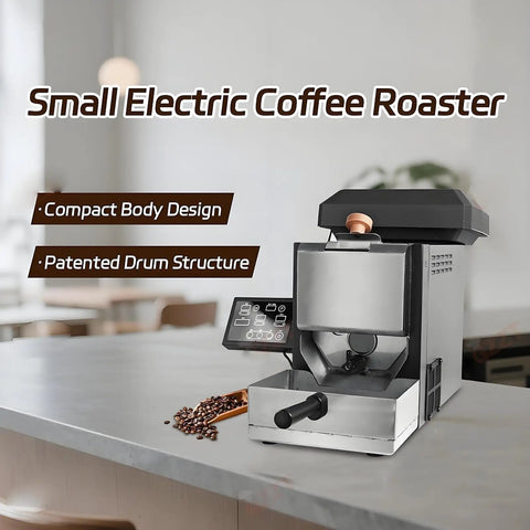 Top Shelf Electric Coffee Roaster For Home Use Featuring Adjustable 100 To 220 Degree Heat Settings Smart Timer Smoke Filter And Hot Air Blower Tech For Smooth Even Roasts That Deliver Dope Aroma Every Single Time, showcasing compact design and patented drum structure.