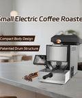 Premium Electric Coffee Roaster For Home Baristas Packed With A Beefy 700 Watt Output And Smooth Temp Dial Controls From 100 To 220 Celsius Plus A Built In Smoke Catcher To Keep Your Counter Clean While You Nail Every Batch, compact electric roaster with digital controls and coffee beans on a countertop.