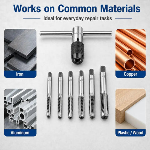 Beefy 6-Piece Metric Tap Wrench Set with Adjustable T-Handle, 4-Jaw Chuck, shown with M3-M8 taps for metal and wood.