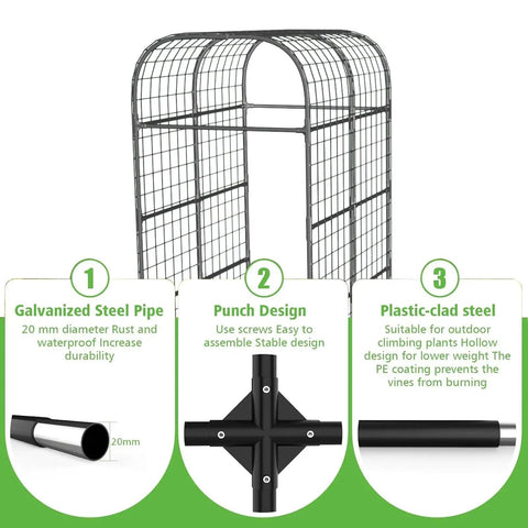 Metal Garden Arch Trellis Black 7.3 Ft with galvanized steel pipe, punch design, and plastic-clad steel for vertical plant support.