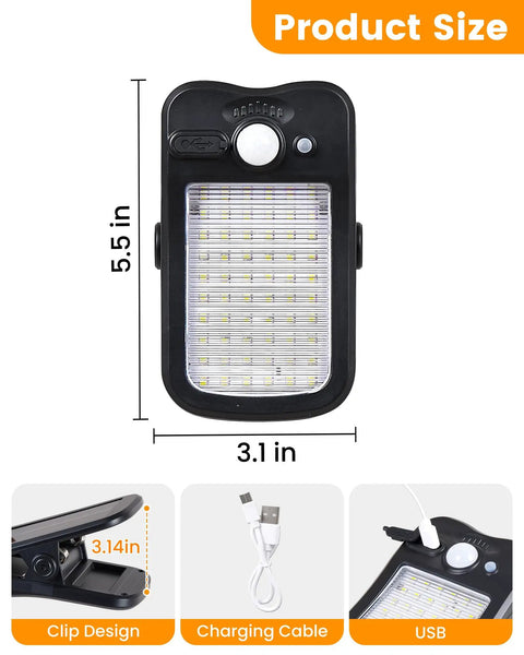 Clip On Solar Lights For Fence With 60 LEDs 500 Lumen Outdoor Waterproof Security Light USB Rechargeable 3 Modes Ideal For Fence Deck Garage Camping Today, size 5.5x3.1 inches with clip design and USB cable.