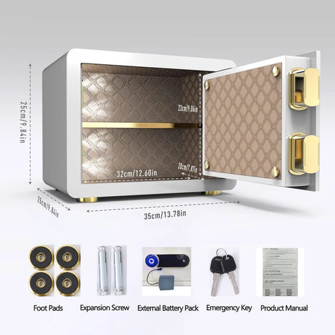 Open white 0.77 Cu Ft Digital Steel Home Safe With LED Keypad, Alarm, Fireproof Lockbox showing interior and accessories