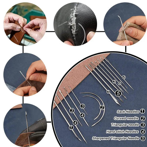 Leather Working Tools Kit For Beginners And Hobbyists, 7 In 1 Stitching Groover Awl Set showing various needles.