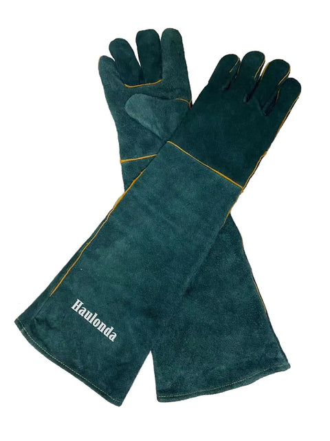 Heavy-Duty Leather Bite-Proof Animal Handling Gloves 23.7 Inch for protection from bites and scratches, shown from one angle.