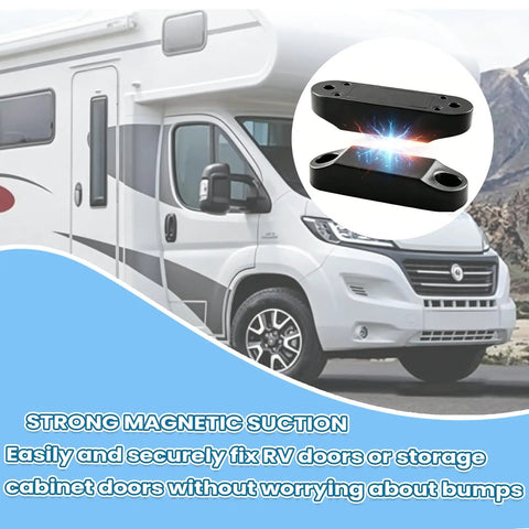 Heavy Duty Magnetic Door Catch And Holder Kit For RVs And Campers with travel trailer background, strong hold clips shown