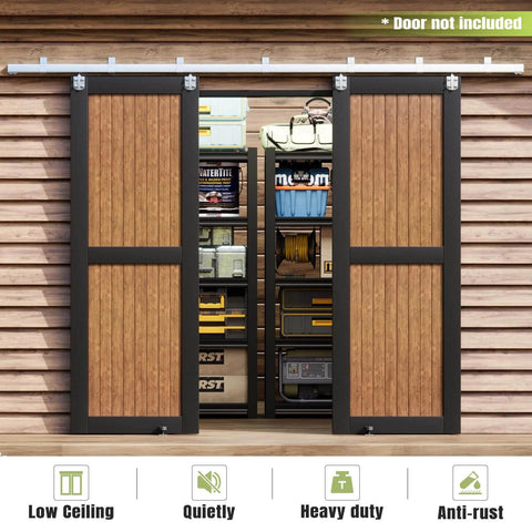 Exterior Sliding Barn Door Hardware Kit 10 Ft Box Rail Track With 450 Lb Capacity Weather Resistant Steel Wall Mount System shown installed on shed wall with double doors