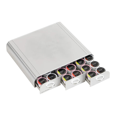 Under Counter Coffee Pod Organizer With Three Drawers, 36 Pod Capacity, Space Saving Countertop Caddy, Silver Finish, filled with pods