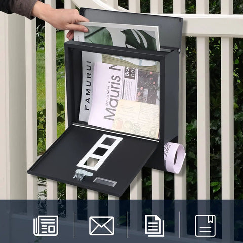 Beefy Locking Wall Mounted Mailbox With Key Lock And Large Capacity For Outdoor Newspaper Compartment 13 By 11.8 By 3.4 Inches Black Heavy Duty Galvanized Metal with open door showing mail