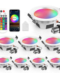 Smart 3 Inch Recessed LED Light Pack of 8, Dimmable RGB and Tunable White 2700K-6500K, 5W 50W Equivalent, shown with remote control