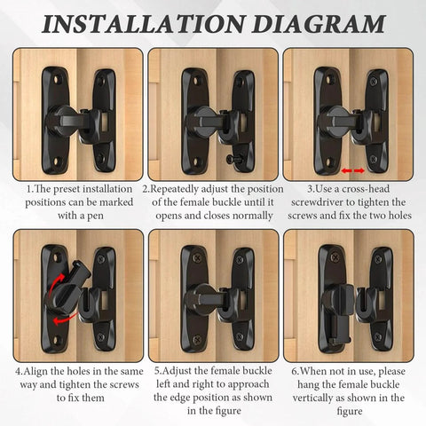 Installation diagram for Two Pack Pocket Sliding Barn Door Lock Latch With 90 and 180 Degree Flip For Privacy showing step-by-step setup
