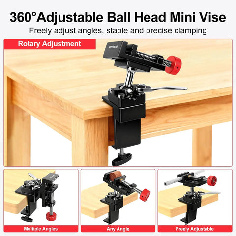 360 Degree Rotating Mini Bench Vise With Quick Release Ratchet Wrench 2.48 Inch General Purpose Table Vise clamped to table