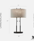 Image of Two Light Table Lamp With Dual Pull Chains, Antique Bronze Finish And Taupe Fabric Shade, 27 Inch Tall, dimensions displayed.
