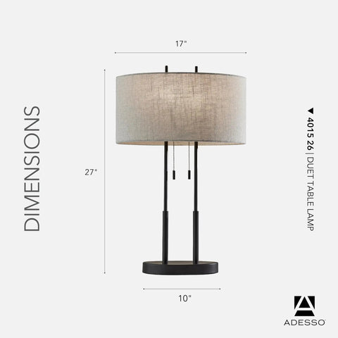 Image of Two Light Table Lamp With Dual Pull Chains, Antique Bronze Finish And Taupe Fabric Shade, 27 Inch Tall, dimensions displayed.