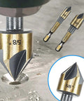 5-piece countersink drill bit set with 1/4 in hex shank; sizes 1/4, 3/8, 1/2, 5/8, 3/4 in; storage case