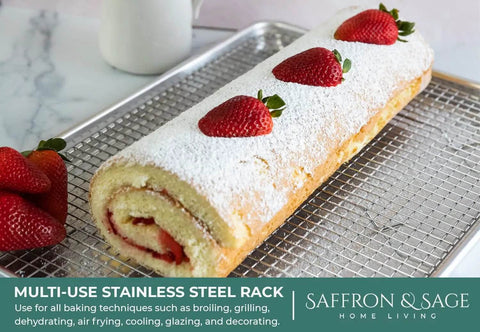 Heavy Duty Aluminum Half Sheet Pan With Stainless Steel Cooling Rack Set, 13x18 Inches, displayed with a swiss roll topped with strawberries.