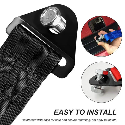Hella Durable JDM Tow Strap For Cars Dope Nylon Bumper Hook Belt With Steel Buckle Heavy Duty Trailer Towing Rope installation detail