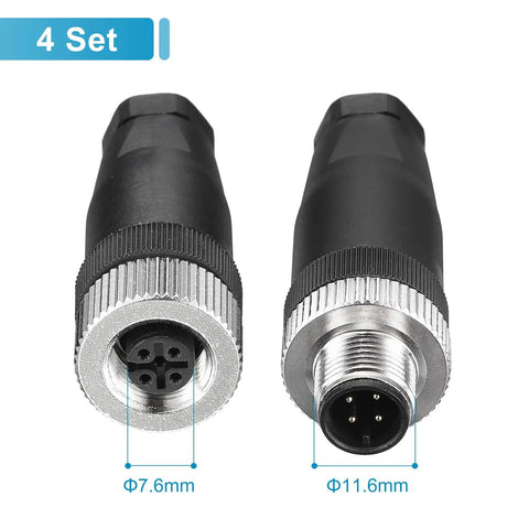 4 Pack M12 4 Pin Aviation Circular Connectors IP67 Waterproof For Outdoor Networks Instruments And Computer Gear Straight Male And Female Sets