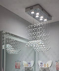 Modern Wave Rectangular Crystal Raindrop Chandelier With Chrome Finish Flush Mount Pendant Lighting for Dining Room